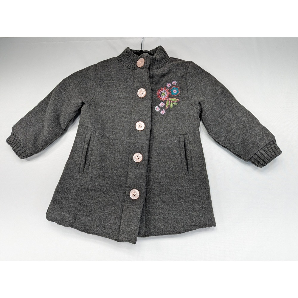 Penelope Mack Girls Dark Gray Button Front Embroidered Flower Coat Size 4T